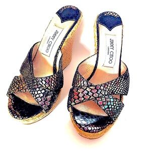 Jimmy Choo Iridescent Snakeskin Print Wedge Sandals - AS IS